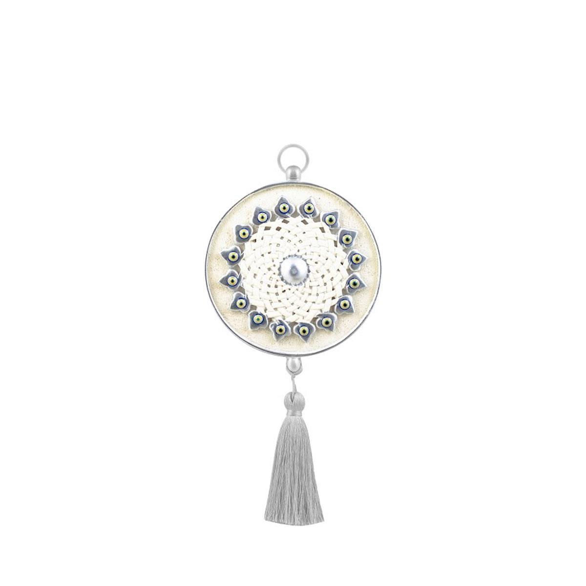 Emayra Tekli Nazar Boncuklu Duvar Süsü Krem Gümüş | Geleneksel Desenli - Emayra