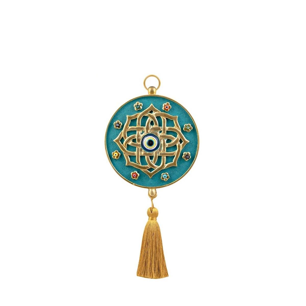 Emayra, tekli nazar boncuklu duvar süsü, turkuaz ve altın rengi, mandala desenli, püsküllü.