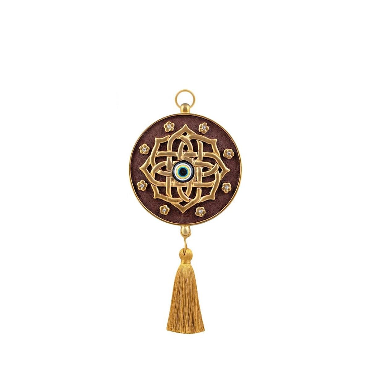 Emayra, tekli nazar boncuklu duvar süsü, kahve ve altın rengi, mandala desenli, püsküllü
