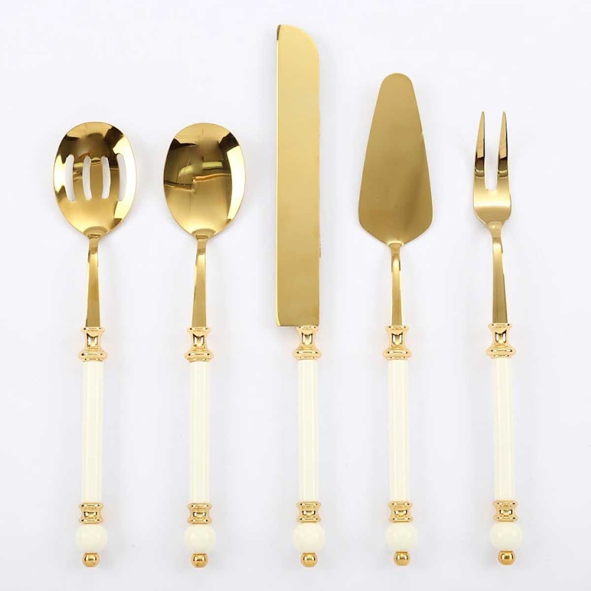 Emayra altın titanyum kaplama porselen saplı topuzlu detaylı 5 parça servis seti - Çamlıca Home
