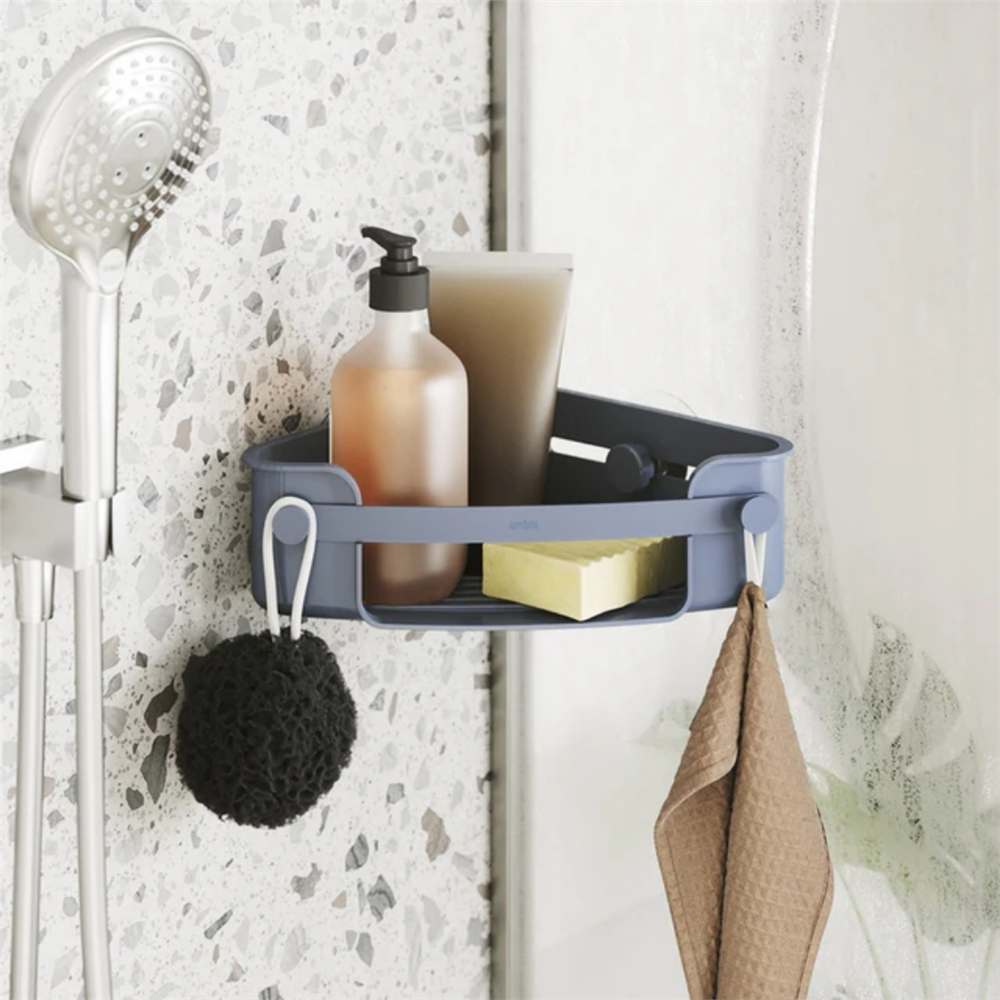 Flex Yapışkanlı Köşe Duş Rafı Gri Mavi 30.5 cm