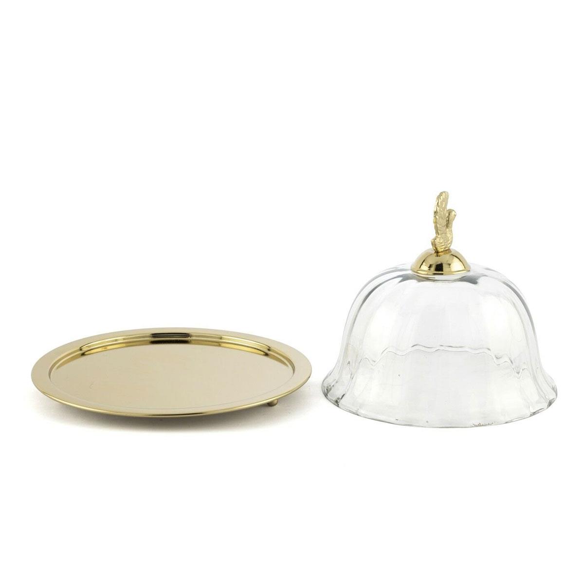 Gold Cam Kapaklı Yuvarlak Sunumluk 20x16 cm - Kuş Figürlü Metal Servis Tabağı
