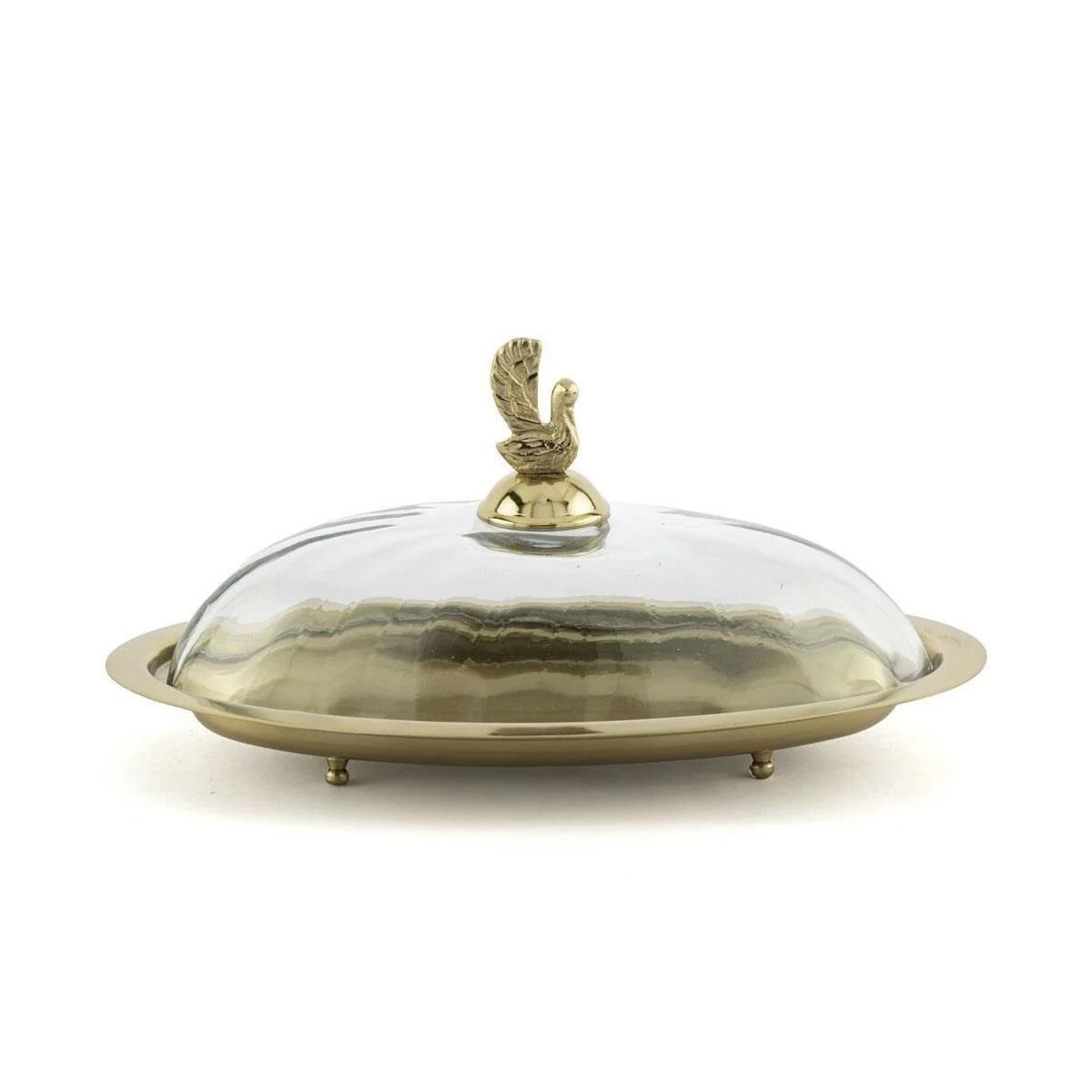 Gold Oval Cam Kapaklı Sunumluk 28x15x14 cm - Kuş Figürlü Metal Servis Tepsisi
