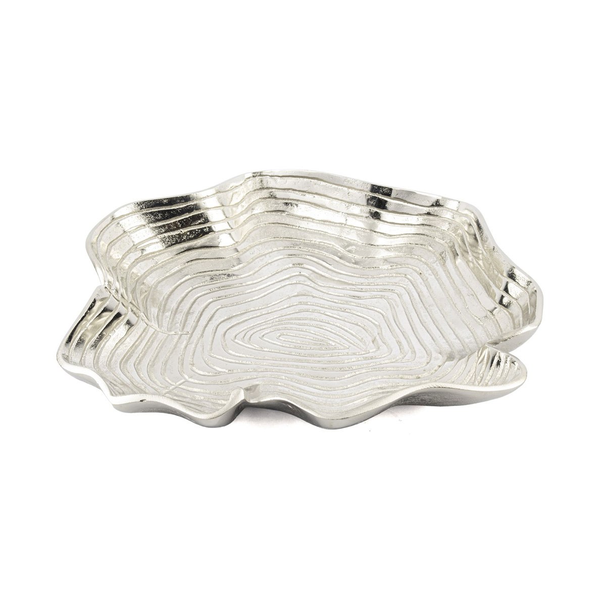 Çamlıca Home parlak gümüş renk amorf kütük ağaç halkası dokulu döküm metal dekoratif meyvelik kase salon konsol ve orta sehpa süs tabağı beyaz zemin ürün çekimi 31x32x6 cm