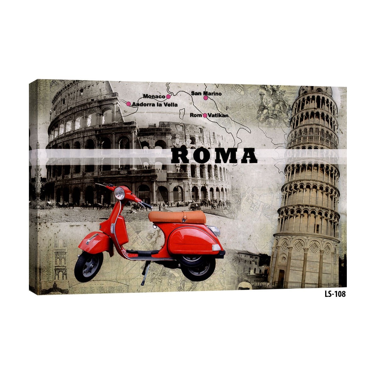 Kırmızı Vespa ve Roma Kolezyum Pisa Kulesi Temalı Tablo