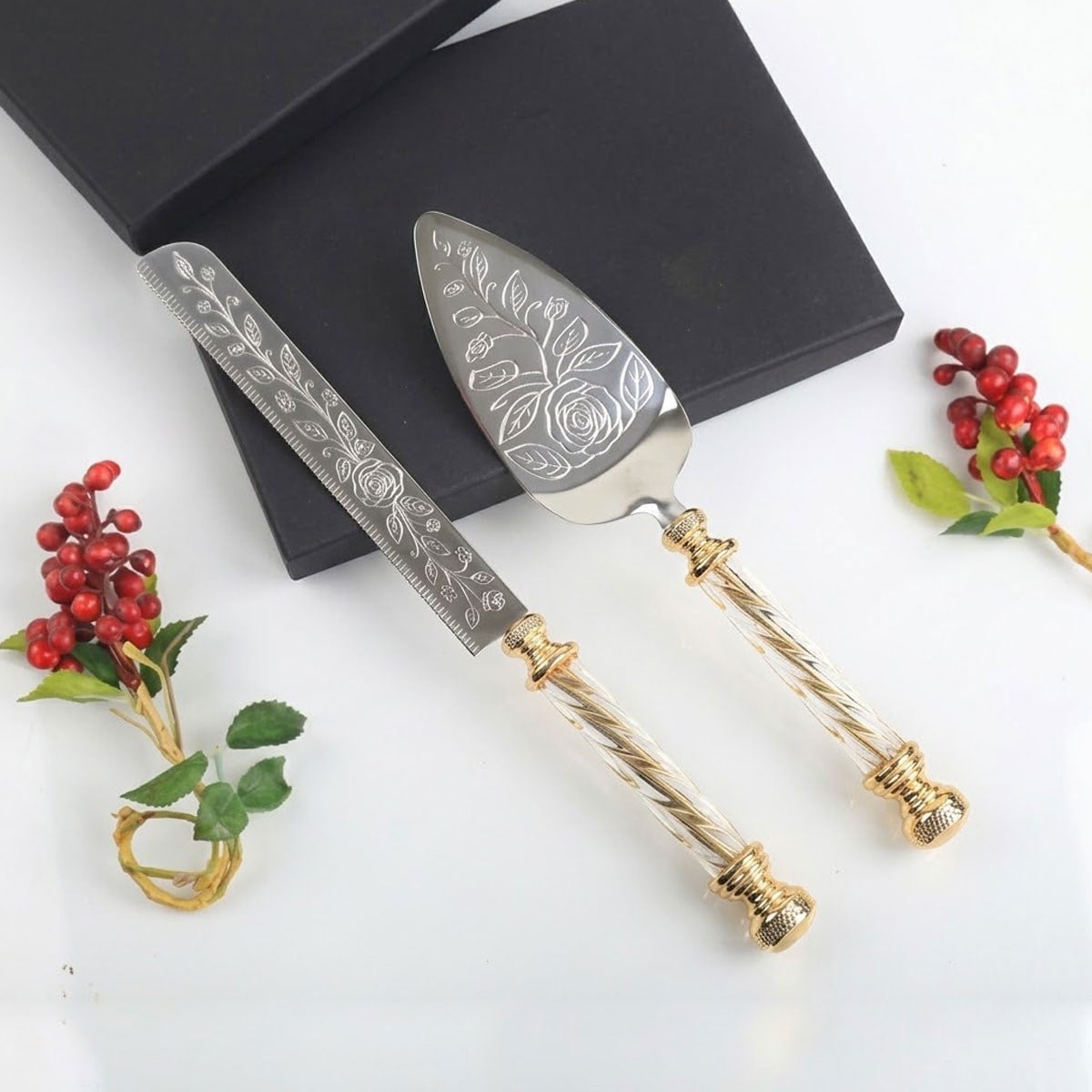Çamlıca Home kristal burgu saplı altın detaylı gül desenli 2li pasta servis takımı