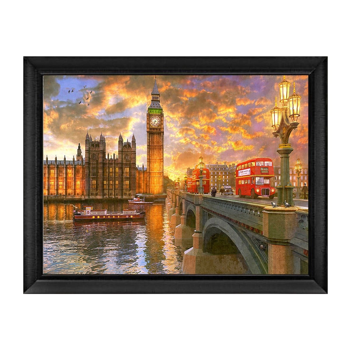 Londra Big Ben ve Kırmızı Otobüs Westminster Köprüsü Tablosu
