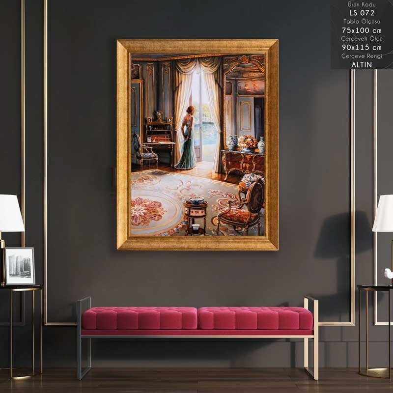 Emayra LS 072 Altın Çerçeveli Yağlı Boya Efektli Kabartma Salon Tablosu, 90x115 cm - Çamlıca Home