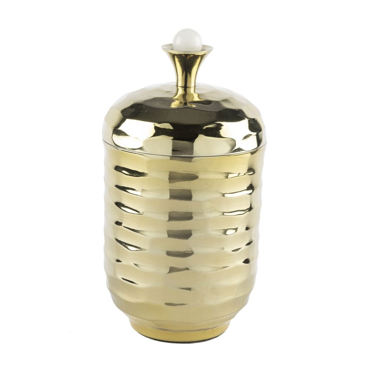 Çamlıca Home parlak altın sarısı gold kaplama dalgalı dövme dokulu inci detaylı döküm tutamaçlı silindirik kapaklı metal şekerlik ve dekoratif kutu beyaz zemin ürün çekimi 14x23 cm