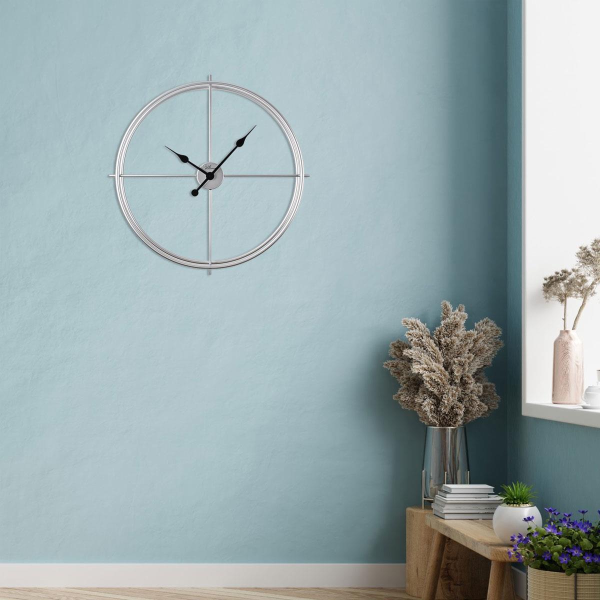 Minimal Gümüş İskandinav Duvar Saati 66.5 cm - Büyük Boy Metal Dekoratif Salon Saati
