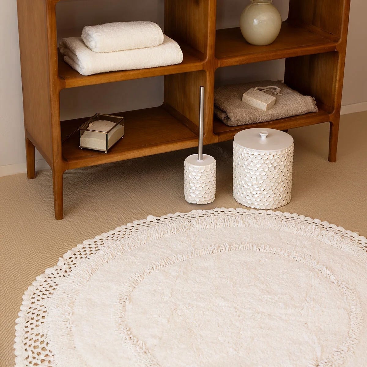 Moon Ekru %100 Pamuk Yuvarlak Banyo Paspası 120x120