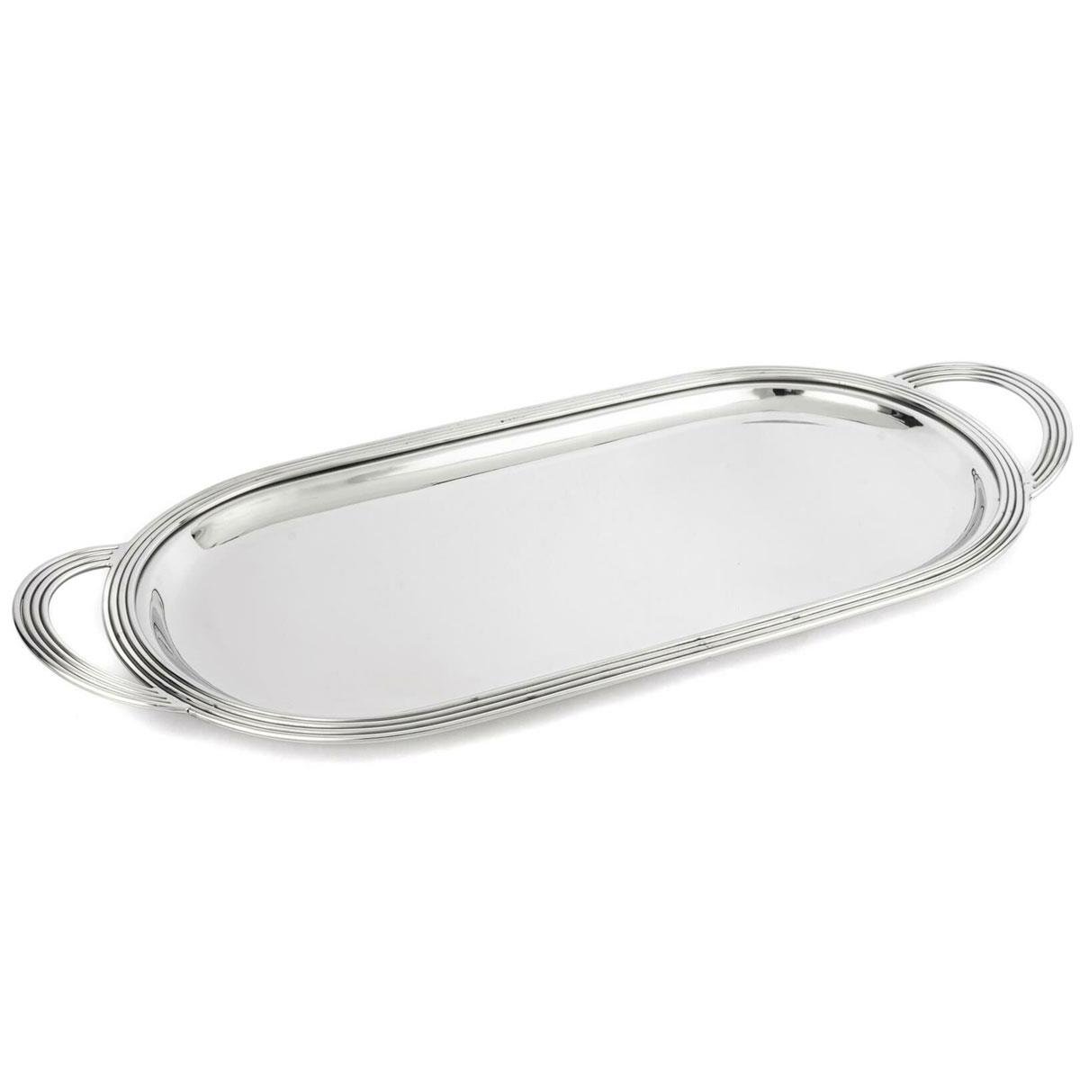 Oval Kulplu Gümüş Renk Metal Tepsi - Büyük Boy Dekoratif Sehpa Tepsisi