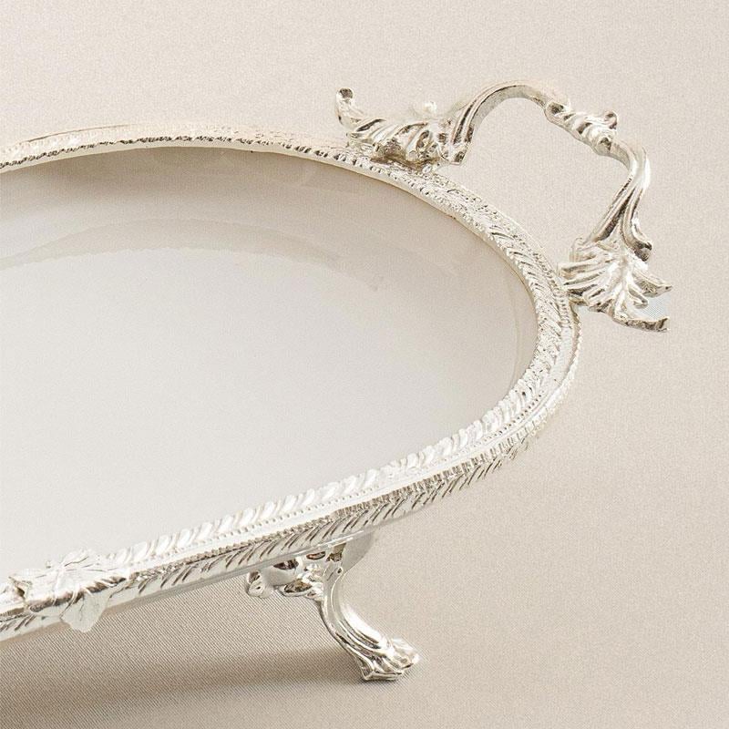 Oval Kulplu Porselen Sunum Tabağı 30 x 16 cm Gümüş