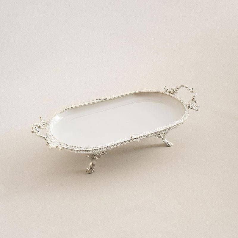 Oval Kulplu Porselen Sunum Tabağı 30 x 16 cm Gümüş