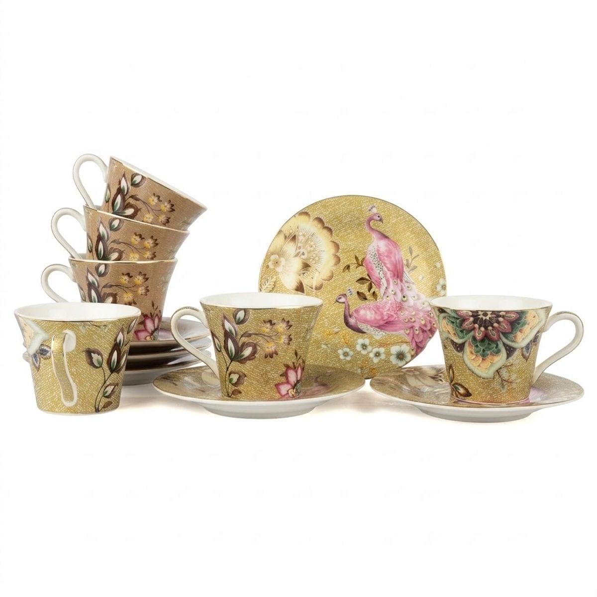 Çamlıca Home Peony serisi hardal sarısı zemin üzeri pembe tavus kuşu ve şakayık çiçek desenli altın yaldızlı 6 kişilik 12 parça porselen Türk kahvesi ve espresso fincan takımı beyaz zemin ürün çekimi 90 cc