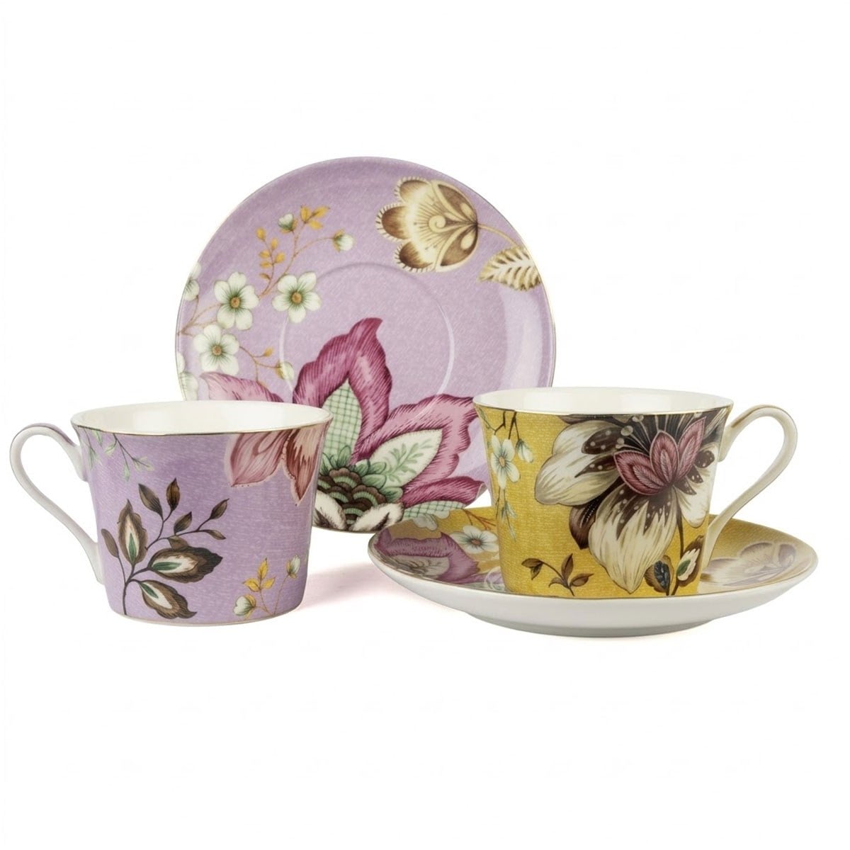 Çamlıca Home Peony serisi vintage şakayık çiçek desenli altın yaldızlı lila pembe ve sarı 2 kişilik 4 parça porselen çay ve kahve fincan takımı beyaz zemin ürün çekimi