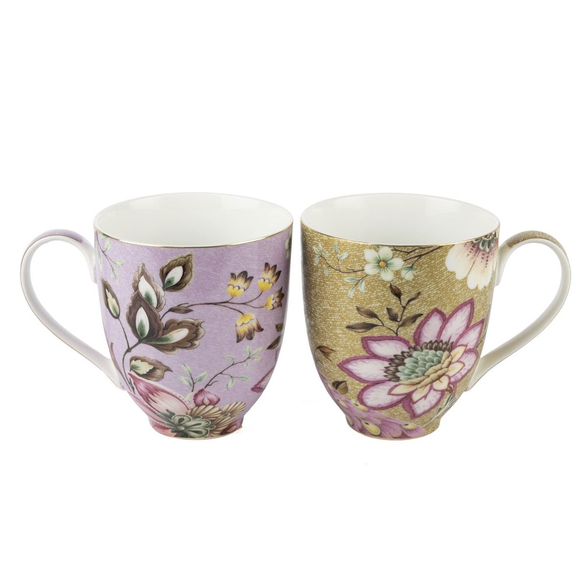 Çamlıca Home Peony serisi vintage botanik şakayık çiçek desenli altın yaldızlı lila ve hardal sarısı 2'li porselen kupa bardak seti beyaz zemin ürün çekimi 350 cc