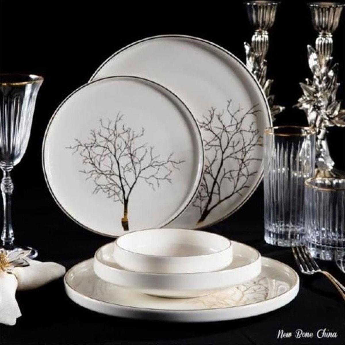 Massimo Pera Life Gold 24 parça yemek takımı. Beyaz bone porselen üzerinde gold kenar ve siyah ağaç dalları desenli, 6 kişilik lüks sofra seti. (MS-2428)