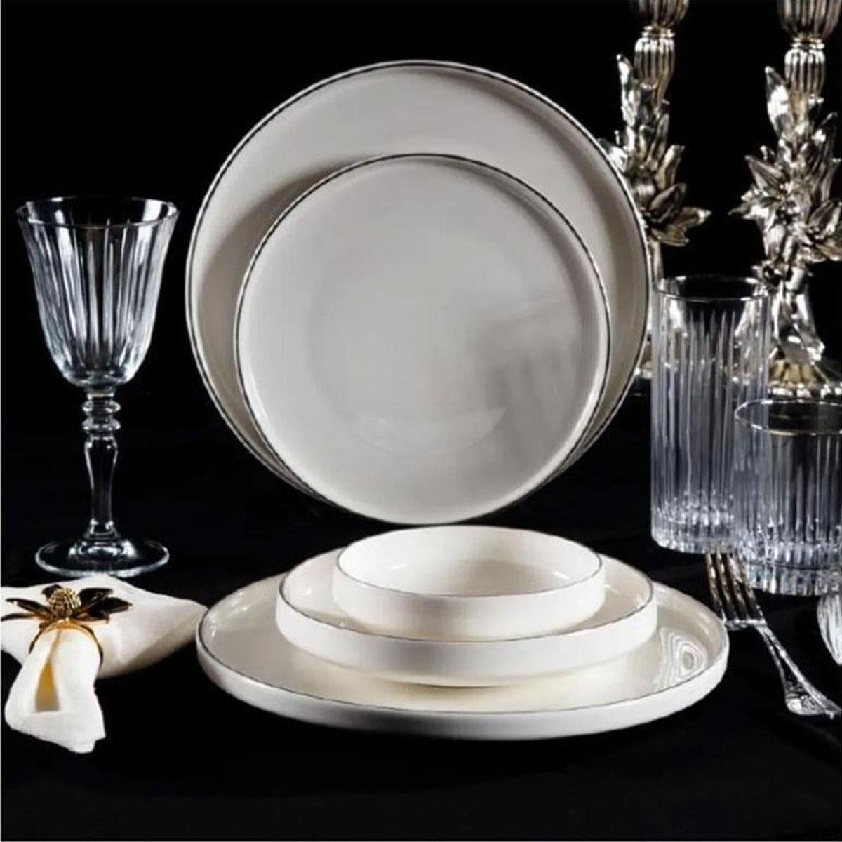 Massimo Pera Platin 24 parça yemek takımı. Sade beyaz porselen, ince platin (gümüş) kenar detaylı, 6 kişilik modern sofra seti. (MS-2427)