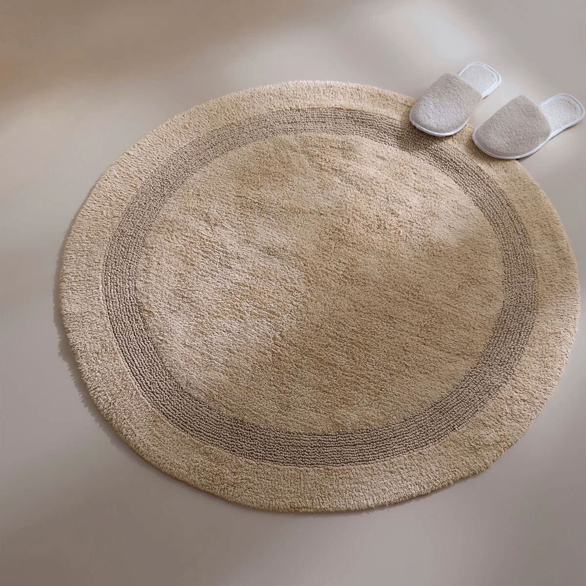 Puffed Bej %100 Pamuk Yuvarlak Banyo Paspası 100x100