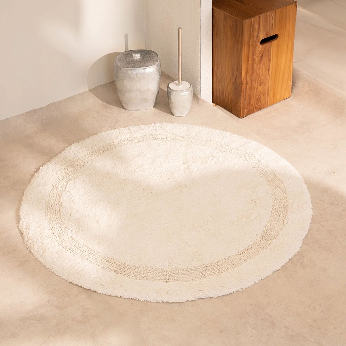Puffed Ekru %100 Pamuk Yuvarlak Banyo Paspası 100x100