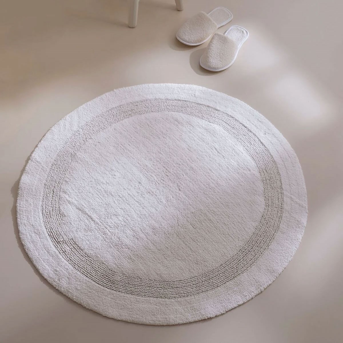 Puffed Ekru %100 Pamuk Yuvarlak Banyo Paspası 100x100