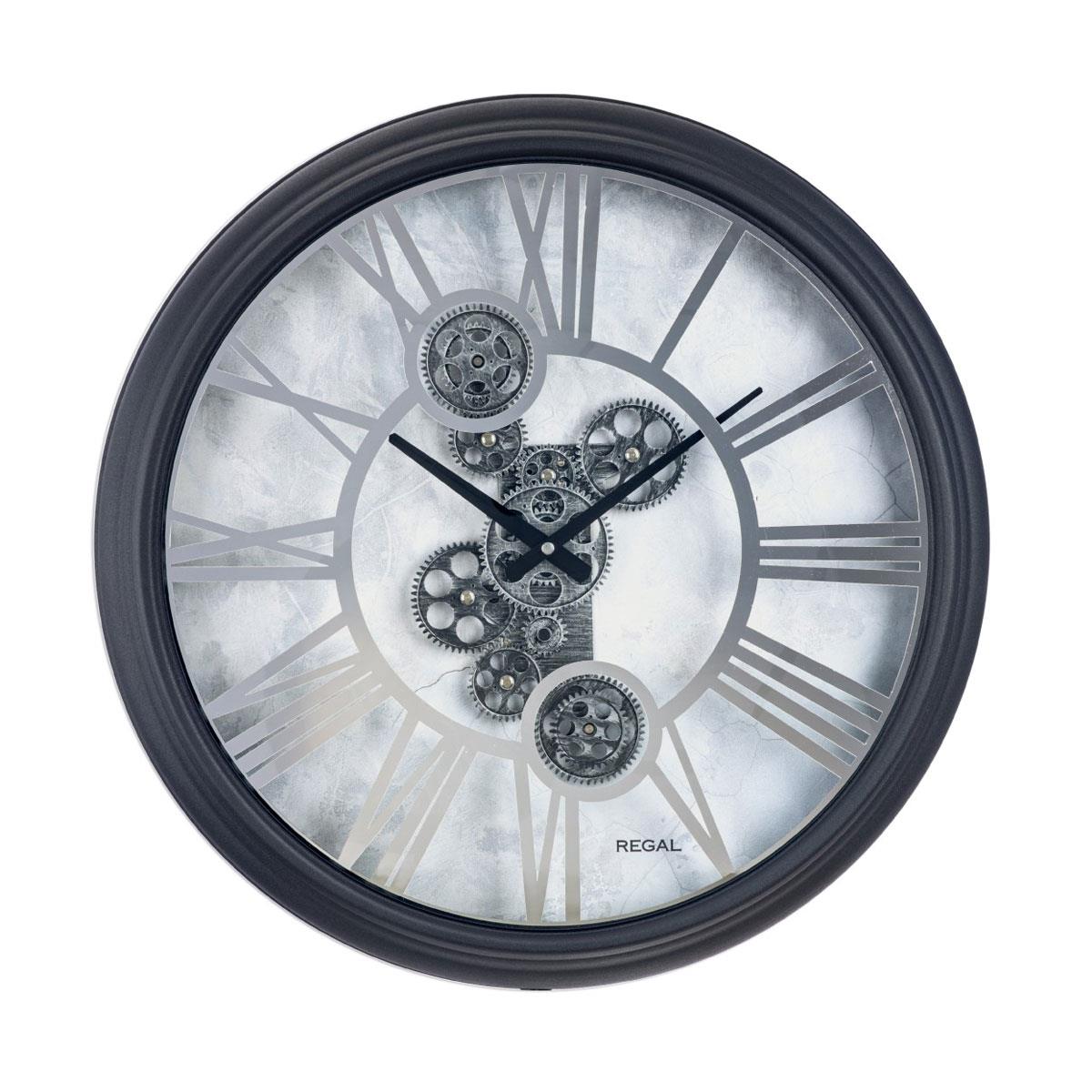 Regal Dekoratif Çarklı Metal Büyük Boy Duvar Saati 64 cm | Siyah Gümüş