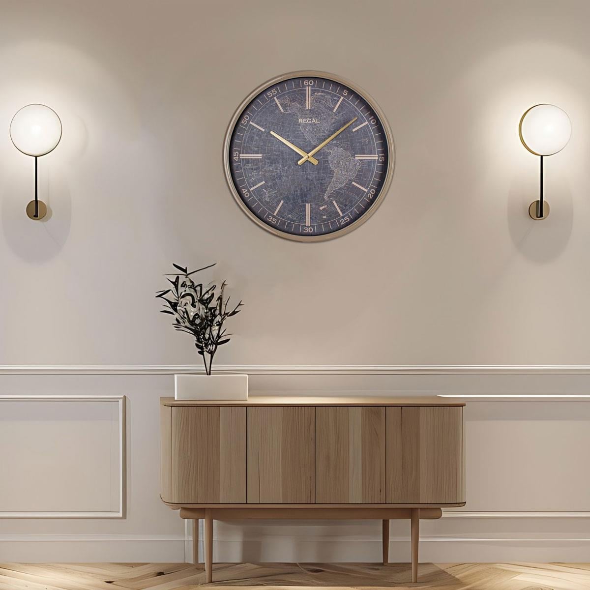 Regal Dünya Haritalı Metal Duvar Saati 51 cm - Vizon Eskitme Gold Büyük Boy Dekoratif Saat