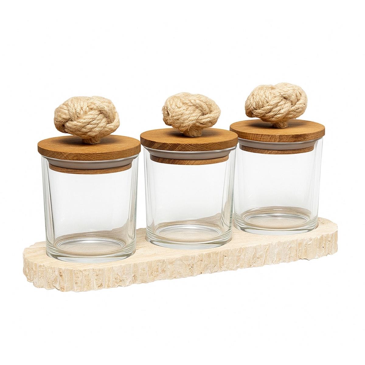 Seta Bianca Evza Knots 3lü Baharatlık Seti - Traverten Tabanlı Halat Detaylı Saklama Kapları