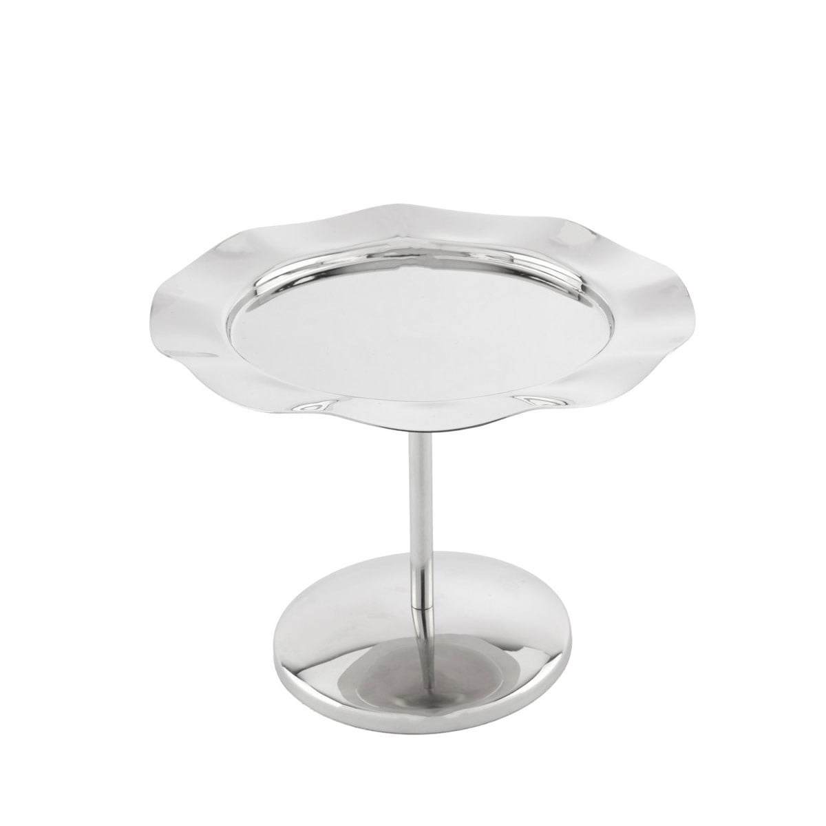 Çamlıca Home parlak gümüş krom kaplama dalgalı fırfır kenarlı silindirik gövdeli dairesel kaideli tek katlı ayaklı metal lokumluk çikolata ve mini ikram tabağı beyaz zemin ürün çekimi 17x13 cm