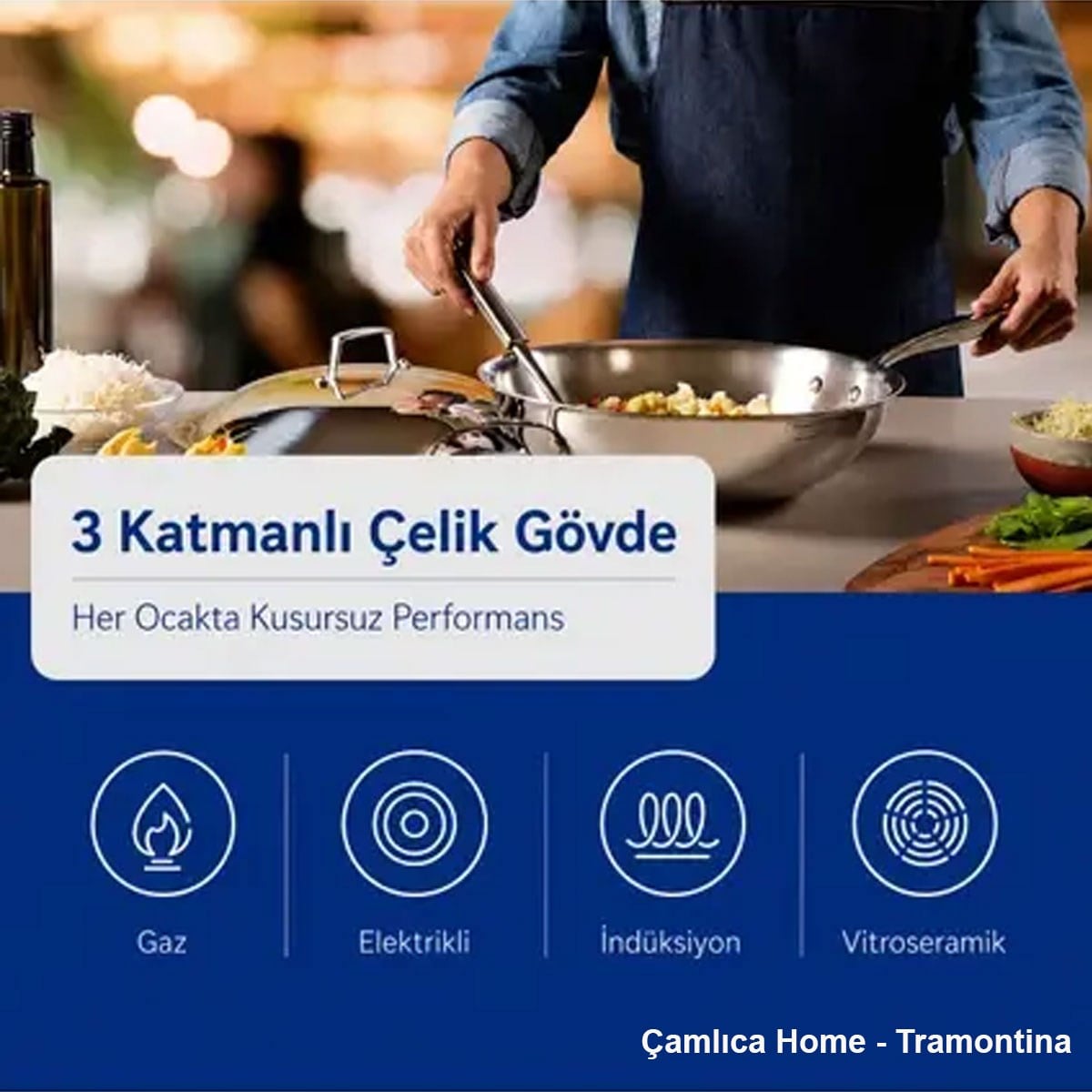 Tramontina Grano Steel Kapaklı Paslanmaz Çelik Wok Tava 32 cm