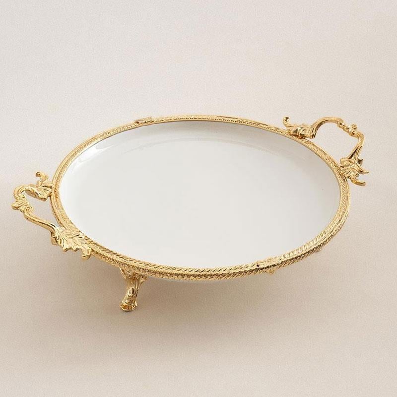 Yuvarlak Kulplu Porselen Sunum Tabağı 29 cm Altın