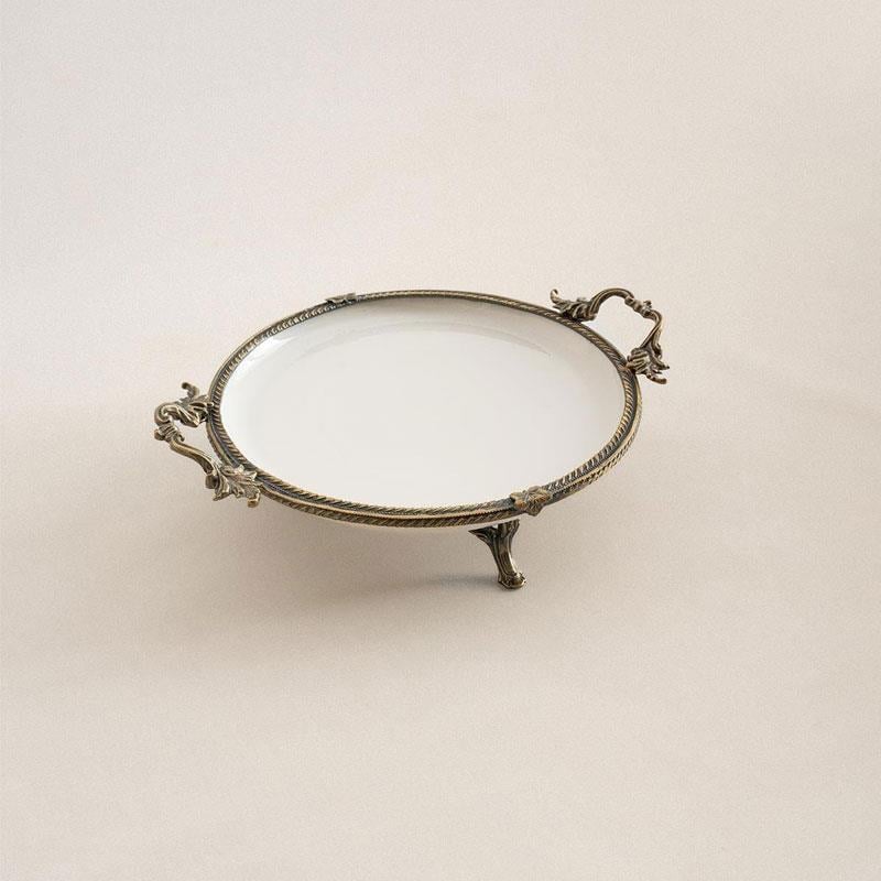 Yuvarlak Kulplu Porselen Sunum Tabağı 25 cm Eskitme