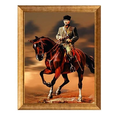 Devlet kurumları ve büyük makam odaları için 60x90 cm altın varaklı çerçevede at üstünde kalpaklı Atatürk tablosu - Çamlıca Home
