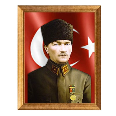 Milli eğitim müdürlükleri ve kamu binaları için yaldızlı altın çerçevede şanlı Türk bayraklı kalpaklı Atatürk tablosu - Çamlıca Home