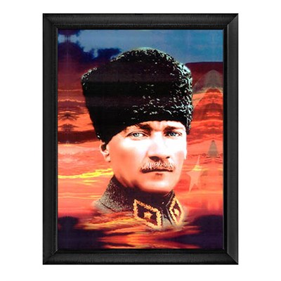 Atatürk Kalpaklı Mavi Gözlü Renkli Altın Çerçeveli Tablo