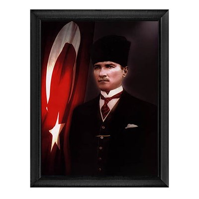 Atatürk Kalpaklı Takım Elbiseli Bayraklı Tablo