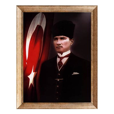 Atatürk Kalpaklı Takım Elbiseli Bayraklı Tablo