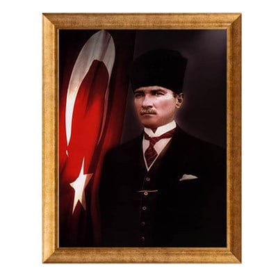 Resmi makam odaları ve idari bürolar için 60x90 cm altın varak çerçeveli ay yıldızlı kalpaklı Atatürk tablosu - Çamlıca Home