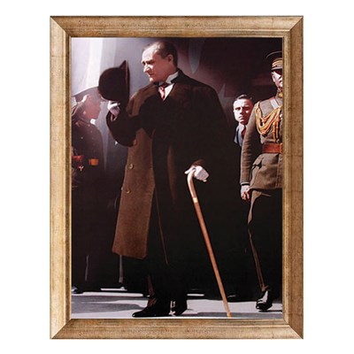 Atatürk Paltolu Bastonlu Renkli Altın Çerçeveli Tablo