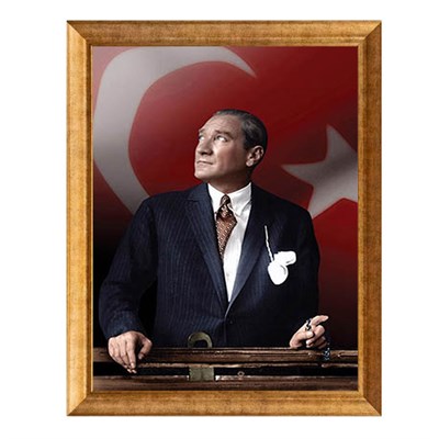 Atatürk Türk Bayraklı Renkli Altın Çerçeveli Tablo