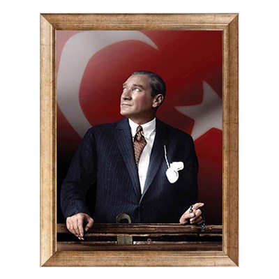 Atatürk Türk Bayraklı Renkli Altın Çerçeveli Tablo