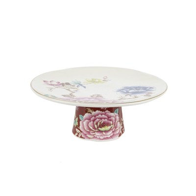 Çamlıca Home Verona bordo şakayık desenli porselen ayaklı kek standı 16 cm