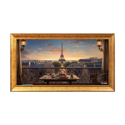 Balkon Kahvaltı Masası ve Paris Eyfel Kulesi Manzaralı Tablo