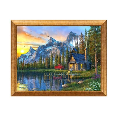 Dağ Manzaralı Göl Kenarı Ahşap Ev ve Kırmızı Kamyonet Tablosu