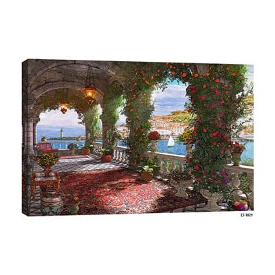 Halı serili taş kemerli balkon sarmaşık güller ve deniz manzaralı tablo ls-1829 - Çamlıca Home