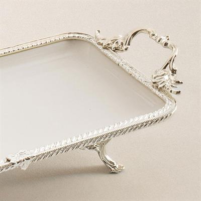 Emayra Dikdörtgen Kulplu Porselen Sunum Tabağı 30x14 cm Gümüş