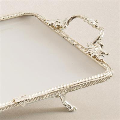 Emayra Dikdörtgen Kulplu Porselen Sunum Tabağı 30x22 cm Gümüş