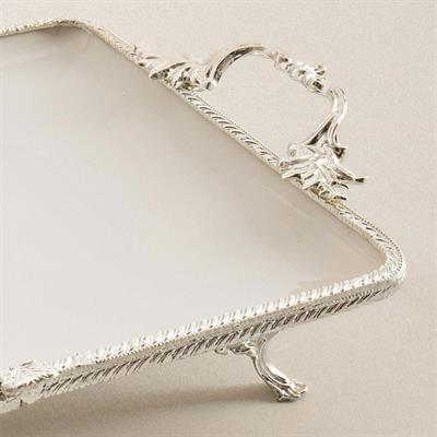 Emayra Dikdörtgen Kulplu Porselen Sunum Tabağı 35x26 cm Gümüş