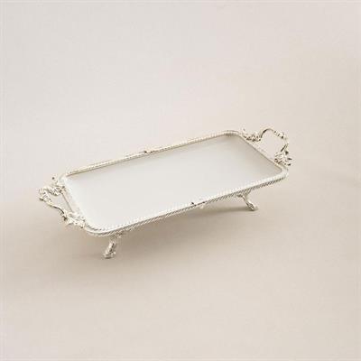 Emayra Dikdörtgen Kulplu Porselen Sunum Tabağı 30x14 cm Gümüş